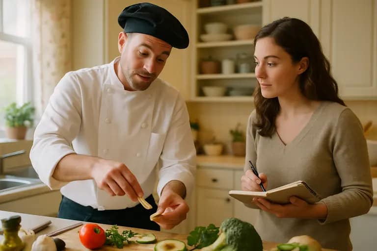 Personal chef preparing ingredients in a calm home kitchen