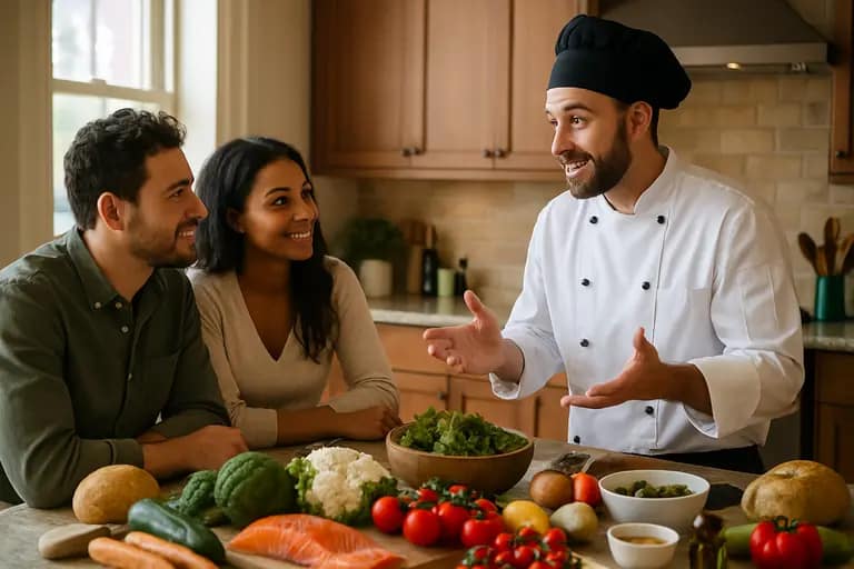 Host and chef reviewing a printed dinner menu in a home kitchen