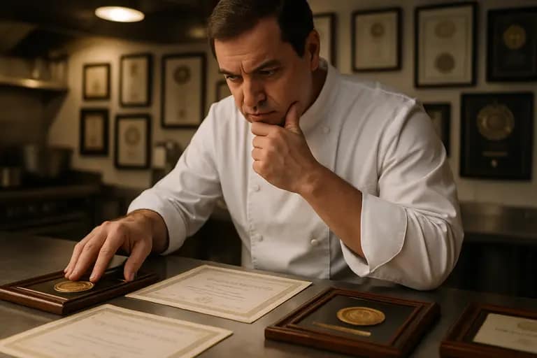 Client and chef discussing a printed menu proposal at a kitchen table