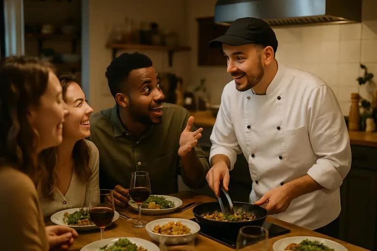 Client and chef discussing a dinner menu across a kitchen island