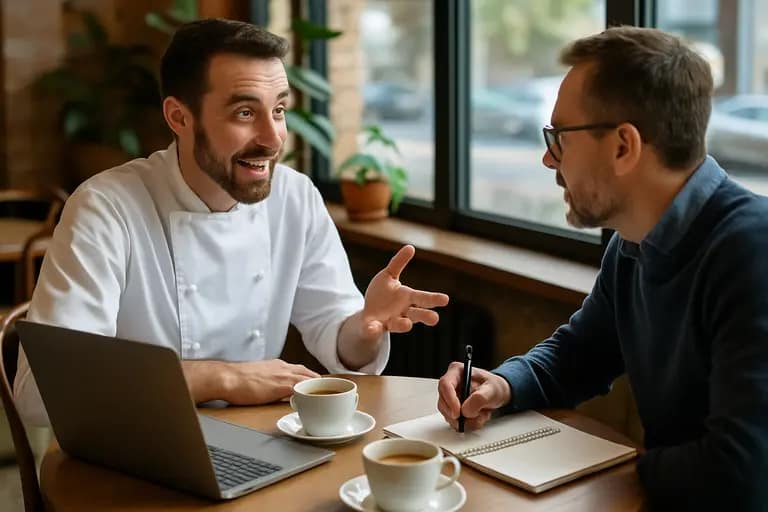 Client and chef discussing a menu plan at a kitchen island