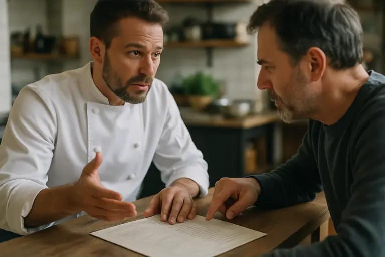 Chef pointing to a printed menu and pricing notes on a table