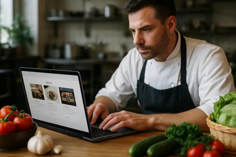 Chef updating service pages on a laptop near fresh ingredients