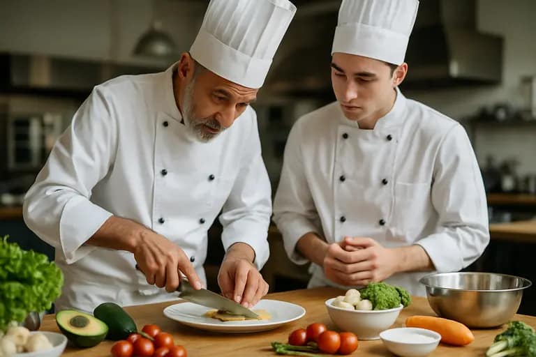 Chef plating dinner for guests seated at a home dining table