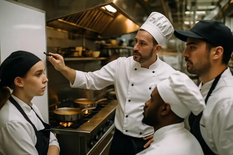 Chef calculating event costs with receipts and a laptop