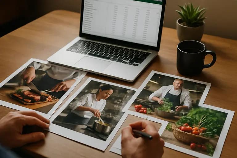 Two printed chef quotes placed beside a calendar and pen
