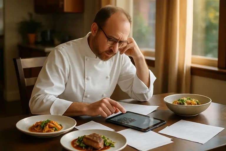 Chef calculating menu costs next to herbs and produce