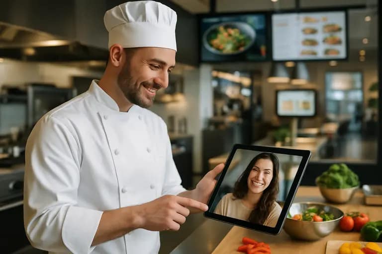 Chef checking a booking schedule on a tablet near plated appetizers