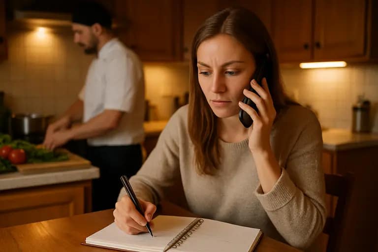 Client reviewing a chef service agreement at a kitchen counter