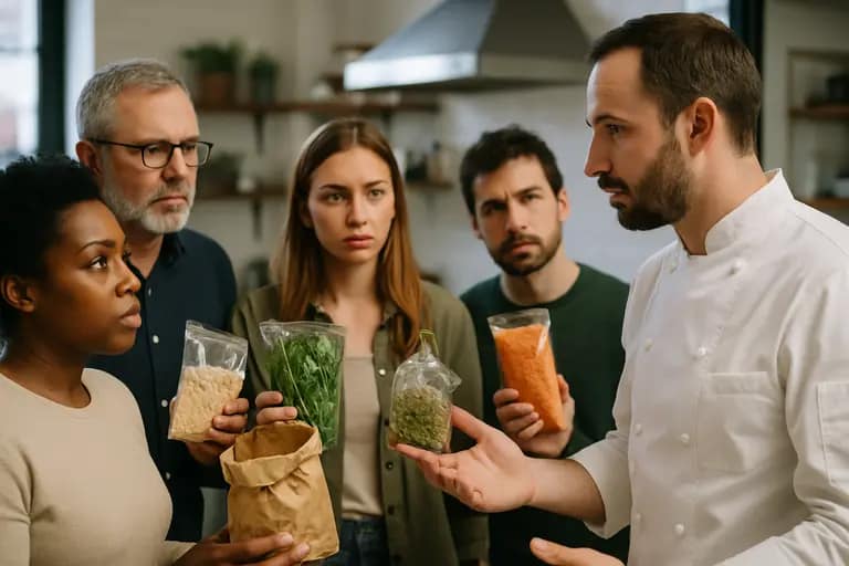 Client comparing two menu proposals beside a bowl of fresh herbs