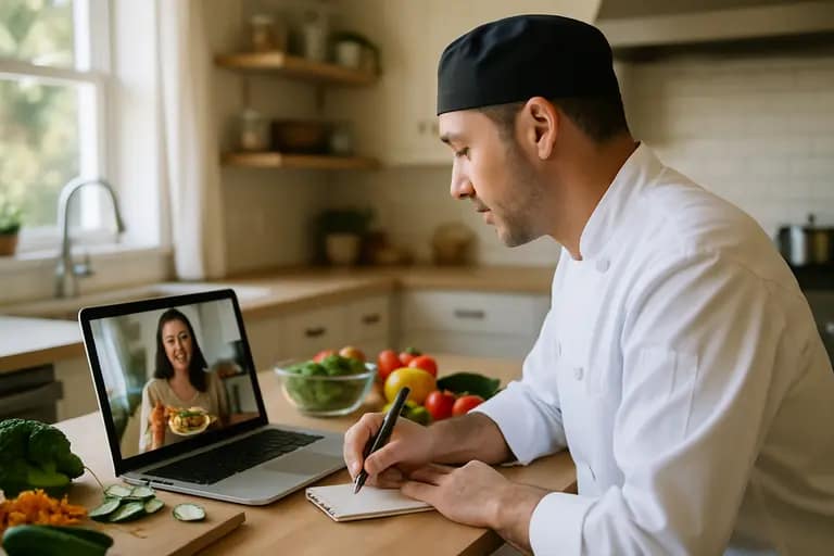 Chef reviewing client intake notes next to organized meal containers