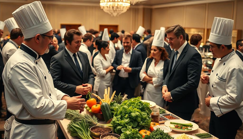A bustling chef event set in an elegant indoor hall, showcasing a diverse group of professional chefs in sharp business attire. In the foreground, two chefs engage in a friendly discussion while examining a selection of high-quality ingredients on a beautifully arranged table, highlighting fresh produce and spices. The middle ground features other chefs networking together, exchanging ideas with enthusiasm, their expressions conveying collaboration and partnership. In the background, a subtly elegant display of kitchen tools and gourmet dishes adds to the atmosphere. Soft, warm lighting creates a welcoming ambiance, with a focus on the details of the interactions. The overall mood is dynamic and professional, emphasizing the importance of building partnerships within the culinary community. A bustling chef event set in an elegant indoor hall, showcasing a diverse group of professional chefs in sharp business attire. In the foreground, two chefs engage in a friendly discussion while examining a selection of high-quality ingredients on a beautifully arranged table, highlighting fresh produce and spices. The middle ground features other chefs networking together, exchanging ideas with enthusiasm, their expressions conveying collaboration and partnership. In the background, a subtly elegant display of kitchen tools and gourmet dishes adds to the atmosphere. Soft, warm lighting creates a welcoming ambiance, with a focus on the details of the interactions. The overall mood is dynamic and professional, emphasizing the importance of building partnerships within the culinary community.
