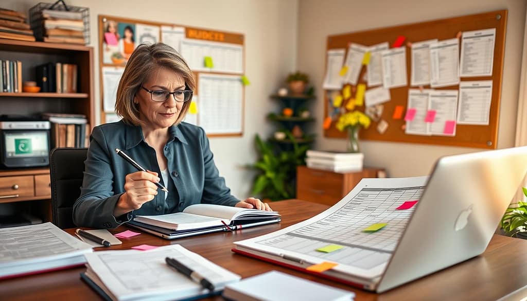 A cozy, well-organized home office setting with a large wooden desk filled with notebooks, a laptop displaying a spreadsheet, and colorful post-it notes outlining various expenses. In the foreground, a middle-aged woman in professional attire, focused and diligent, reviews her budget with a pen in hand. The middle ground features a bulletin board filled with visuals of meal plans and grocery lists, emphasizing her role as a personal chef. The background includes soft, natural light streaming in through a window, casting a warm glow. The atmosphere is calm and productive, suggesting a moment of thoughtful introspection and financial management. This image captures the essence of reviewing and adjusting a budget in a culinary context. A cozy, well-organized home office setting with a large wooden desk filled with notebooks, a laptop displaying a spreadsheet, and colorful post-it notes outlining various expenses. In the foreground, a middle-aged woman in professional attire, focused and diligent, reviews her budget with a pen in hand. The middle ground features a bulletin board filled with visuals of meal plans and grocery lists, emphasizing her role as a personal chef. The background includes soft, natural light streaming in through a window, casting a warm glow. The atmosphere is calm and productive, suggesting a moment of thoughtful introspection and financial management. This image captures the essence of reviewing and adjusting a budget in a culinary context.
