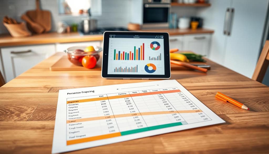 A detailed illustration of a personal chef expense tracking chart on a modern wooden kitchen table, emphasizing organization and clarity. In the foreground, the chart features categorized expenses like groceries, equipment, and labor, represented by colored sections for easy visualization. In the middle, a stylish tablet displays digital graphs and pie charts alongside handwritten notes. The background shows a bright and well-organized kitchen, with fresh ingredients and cooking tools subtly placed, suggesting a culinary environment. The lighting is warm and inviting, enhancing the atmosphere of productivity and professionalism. Use a slightly elevated angle to capture the full layout, creating a sense of engagement and resourcefulness in budgeting.