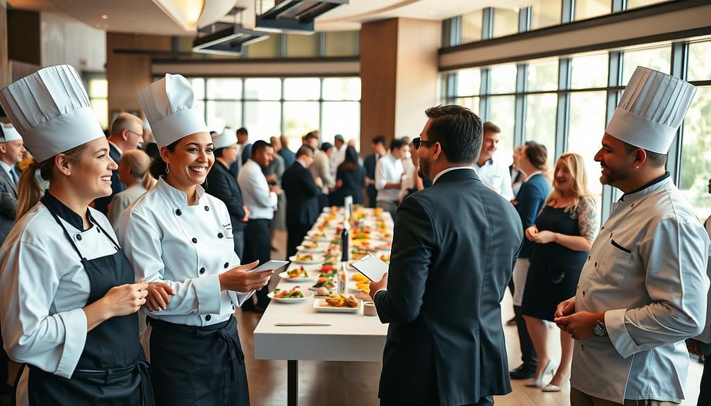 A lively networking event featuring diverse chefs in professional attire, gathered in an upscale kitchen setting. In the foreground, a group of three chefs, two women and one man, share a laugh while exchanging business cards, showcasing their camaraderie. The middle section shows a long banquet table adorned with culinary creations, as other chefs engage in conversations, networking and sharing ideas. In the background, large windows let in warm, natural light, illuminating the scene, creating a vibrant and inviting atmosphere. The overall feel is one of collaboration and excitement, emphasizing the importance of maintaining professional relationships within the private chef industry. The image should be captured from a slightly elevated angle, focusing on the interactions amongst the chefs. A lively networking event featuring diverse chefs in professional attire, gathered in an upscale kitchen setting. In the foreground, a group of three chefs, two women and one man, share a laugh while exchanging business cards, showcasing their camaraderie. The middle section shows a long banquet table adorned with culinary creations, as other chefs engage in conversations, networking and sharing ideas. In the background, large windows let in warm, natural light, illuminating the scene, creating a vibrant and inviting atmosphere. The overall feel is one of collaboration and excitement, emphasizing the importance of maintaining professional relationships within the private chef industry. The image should be captured from a slightly elevated angle, focusing on the interactions amongst the chefs.