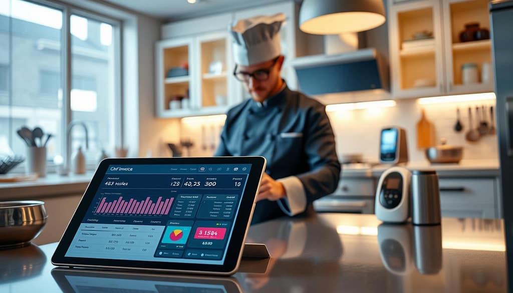 A modern automated chef invoicing system depicted in an elegant, high-tech kitchen setting. In the foreground, showcase a sleek tablet displaying a user-friendly invoicing interface, with vibrant graphs and clear payment summaries. The middle ground features a professional chef in business casual attire, focused on inputting data, surrounded by organized kitchen tools and a smart kitchen assistant device. In the background, bright ambient lighting illuminates the space, filled with contemporary cabinetry and culinary equipment. The atmosphere conveys efficiency and innovation, highlighting the transition from traditional manual invoicing to a streamlined automated process. Use a slightly elevated angle to emphasize the modern technology. A modern automated chef invoicing system depicted in an elegant, high-tech kitchen setting. In the foreground, showcase a sleek tablet displaying a user-friendly invoicing interface, with vibrant graphs and clear payment summaries. The middle ground features a professional chef in business casual attire, focused on inputting data, surrounded by organized kitchen tools and a smart kitchen assistant device. In the background, bright ambient lighting illuminates the space, filled with contemporary cabinetry and culinary equipment. The atmosphere conveys efficiency and innovation, highlighting the transition from traditional manual invoicing to a streamlined automated process. Use a slightly elevated angle to emphasize the modern technology.