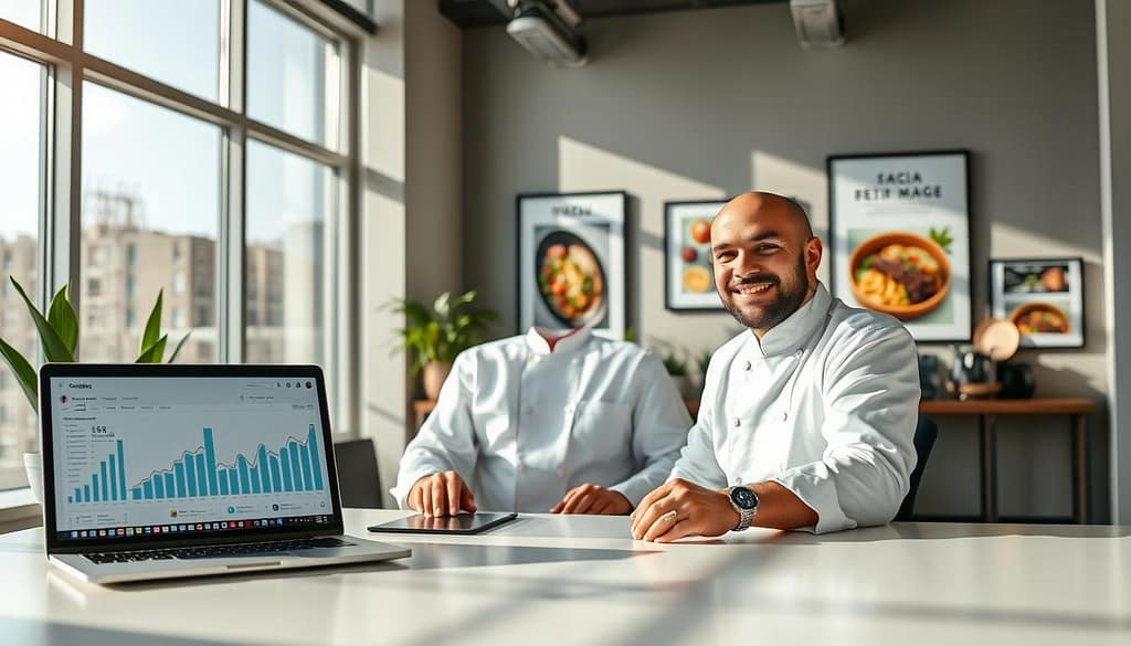 A professional chef, dressed in a smart white chef coat, sits at a sleek, modern desk in a well-lit social media management office. The foreground features a stylish laptop displaying analytics graphs and charts, indicating social media success metrics. In the middle ground, colorful food photography is displayed on the walls, showcasing the chef's culinary creations, alongside framed social media accolades. The background has large windows allowing sunlight to stream in, creating a warm, inviting atmosphere. Soft shadows enhance the modern decor with plants and cooking utensils subtly arranged. The mood is optimistic and focused, reflecting the chef's dedication to tracking and enhancing their social media presence and client engagement. A professional chef, dressed in a smart white chef coat, sits at a sleek, modern desk in a well-lit social media management office. The foreground features a stylish laptop displaying analytics graphs and charts, indicating social media success metrics. In the middle ground, colorful food photography is displayed on the walls, showcasing the chef's culinary creations, alongside framed social media accolades. The background has large windows allowing sunlight to stream in, creating a warm, inviting atmosphere. Soft shadows enhance the modern decor with plants and cooking utensils subtly arranged. The mood is optimistic and focused, reflecting the chef's dedication to tracking and enhancing their social media presence and client engagement.