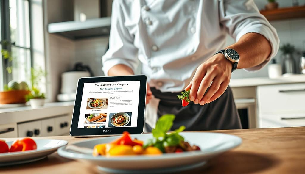 A professional chef in a modern kitchen is preparing a beautifully plated gourmet meal. In the foreground, focus on the chef's hands skillfully arranging fresh ingredients, showcasing vibrant colors and textures. The middle layer features a digital device, such as a tablet or laptop, displaying an enticing email marketing campaign, with mouthwatering images of food and a prominent "Book Now" button highlighted. In the background, the kitchen is bright and inviting, with stylish appliances and herbs growing on the windowsill. Soft, natural lighting enhances the atmosphere, creating a warm and inviting mood that conveys professionalism and culinary passion. The chef is dressed in a crisp chef jacket and apron, embodying professionalism and expertise. A professional chef in a modern kitchen is preparing a beautifully plated gourmet meal. In the foreground, focus on the chef's hands skillfully arranging fresh ingredients, showcasing vibrant colors and textures. The middle layer features a digital device, such as a tablet or laptop, displaying an enticing email marketing campaign, with mouthwatering images of food and a prominent "Book Now" button highlighted. In the background, the kitchen is bright and inviting, with stylish appliances and herbs growing on the windowsill. Soft, natural lighting enhances the atmosphere, creating a warm and inviting mood that conveys professionalism and culinary passion. The chef is dressed in a crisp chef jacket and apron, embodying professionalism and expertise.