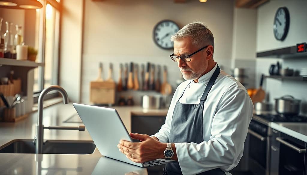 A professional chef in a sleek, modern kitchen setting, focused on managing bookings on a laptop. The foreground features the chef, a middle-aged individual wearing a crisp white chef's coat and a professional apron, intently reviewing a booking platform. In the middle ground, the kitchen includes polished countertops, stainless steel appliances, and organized cooking tools. The background shows a wall of spices and a digital clock, providing a sense of time management. Warm, natural lighting streams through a window, creating an inviting atmosphere. The image captures the essence of professionalism and organization, highlighting the chef's dedication to attracting new clients through effective booking strategies. Choose a slightly elevated angle for a dynamic view, emphasizing the chef's concentration and the workspace's efficiency. A professional chef in a sleek, modern kitchen setting, focused on managing bookings on a laptop. The foreground features the chef, a middle-aged individual wearing a crisp white chef's coat and a professional apron, intently reviewing a booking platform. In the middle ground, the kitchen includes polished countertops, stainless steel appliances, and organized cooking tools. The background shows a wall of spices and a digital clock, providing a sense of time management. Warm, natural lighting streams through a window, creating an inviting atmosphere. The image captures the essence of professionalism and organization, highlighting the chef's dedication to attracting new clients through effective booking strategies. Choose a slightly elevated angle for a dynamic view, emphasizing the chef's concentration and the workspace's efficiency.