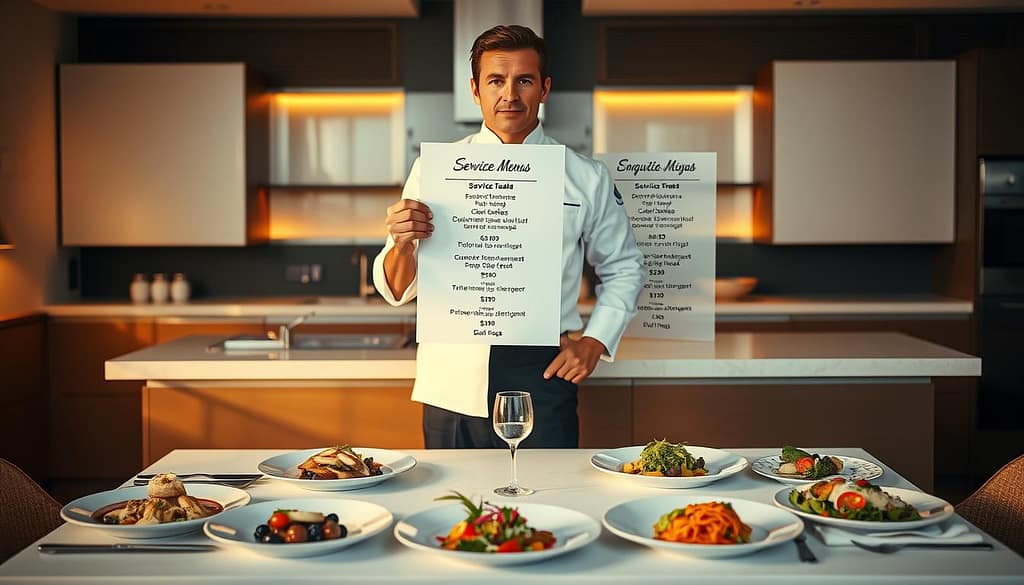 A professional chef standing confidently behind a beautifully arranged table, showcasing a selection of exquisite dishes that represent various pricing packages. In the foreground, the chef, dressed in a crisp white chef's coat and black pants, gestures towards a well-organized menu that highlights different service tiers. The middle ground features an elegant table setting with vibrant ingredients and plates artfully displayed, emphasizing the quality and value of the offerings. In the background, a stylish kitchen is visible, with warm lighting that creates an inviting atmosphere. The composition captures a sense of professionalism and expertise, inviting viewers to appreciate the value of chef services while maintaining a warm, engaging vibe. The lighting is soft and golden, resembling a late afternoon ambiance, creating a harmonious visual appeal. A professional chef standing confidently behind a beautifully arranged table, showcasing a selection of exquisite dishes that represent various pricing packages. In the foreground, the chef, dressed in a crisp white chef's coat and black pants, gestures towards a well-organized menu that highlights different service tiers. The middle ground features an elegant table setting with vibrant ingredients and plates artfully displayed, emphasizing the quality and value of the offerings. In the background, a stylish kitchen is visible, with warm lighting that creates an inviting atmosphere. The composition captures a sense of professionalism and expertise, inviting viewers to appreciate the value of chef services while maintaining a warm, engaging vibe. The lighting is soft and golden, resembling a late afternoon ambiance, creating a harmonious visual appeal.