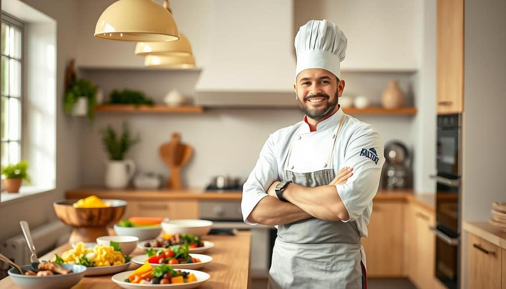 A professional chef stands confidently in a bright, well-equipped kitchen, showcasing their trustworthy brand. In the foreground, the chef, wearing a crisp white uniform and a stylish apron, engages with the viewer, exuding warmth and approachability. The middle ground features a beautifully arranged table with vibrant, colorful dishes that highlight the chef's culinary skills, enhancing the theme of credibility. In the background, the kitchen is clean and organized, with soft, natural lighting that creates an inviting atmosphere. A subtle depth of field adds focus to the chef and dishes, while warm, soft lighting casts gentle shadows, evoking a sense of professionalism and reliability. The overall mood is inspiring and encouraging, perfect for those looking to build their personal chef brand. A professional chef stands confidently in a bright, well-equipped kitchen, showcasing their trustworthy brand. In the foreground, the chef, wearing a crisp white uniform and a stylish apron, engages with the viewer, exuding warmth and approachability. The middle ground features a beautifully arranged table with vibrant, colorful dishes that highlight the chef's culinary skills, enhancing the theme of credibility. In the background, the kitchen is clean and organized, with soft, natural lighting that creates an inviting atmosphere. A subtle depth of field adds focus to the chef and dishes, while warm, soft lighting casts gentle shadows, evoking a sense of professionalism and reliability. The overall mood is inspiring and encouraging, perfect for those looking to build their personal chef brand.