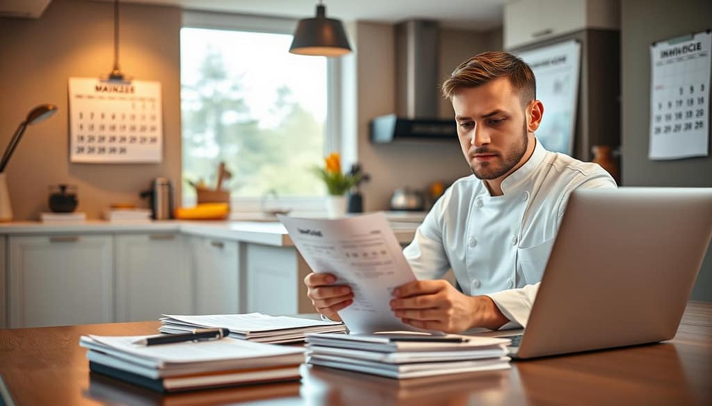 A professional home office environment with a personal chef seated at a desk, reviewing invoices on a sleek laptop. In the foreground, the chef, dressed in a crisp white chef uniform, displays a focused expression, surrounded by neatly stacked paperwork and a stylish pen. In the middle ground, a large window lets in natural light, illuminating a modern kitchen with culinary tools and ingredients neatly organized. The background hints at a calendar on the wall marked with payment due dates, creating a sense of urgency. The overall mood is one of concentration and professionalism, highlighting the importance of managing late or missed payments effectively. The scene should have warm, inviting lighting to convey a sense of calm amidst a busy work life.