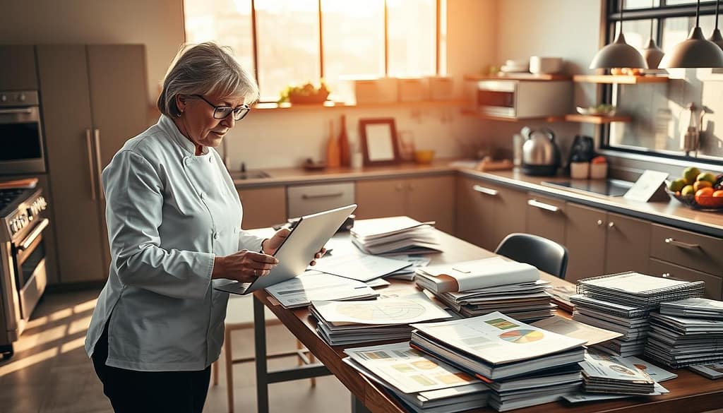 A professional personal chef in a modern culinary office setting, examining competitor pricing research on a sleek laptop. The foreground features the chef, a middle-aged woman in a smart chef's jacket and black pants, deeply focused and taking notes on a notepad. In the middle, a cluttered desk displays spreadsheets, charts, and culinary magazines, all bathed in warm, natural light streaming through a large window. The background shows a well-organized kitchen with high-end appliances and fresh ingredients on display, enhancing the idea of professionalism and culinary expertise. The overall mood is one of determination and strategic planning, reflecting a bustling yet organized workspace. The camera angle is slightly elevated, capturing the chef in action and the details of her environment. A professional personal chef in a modern culinary office setting, examining competitor pricing research on a sleek laptop. The foreground features the chef, a middle-aged woman in a smart chef's jacket and black pants, deeply focused and taking notes on a notepad. In the middle, a cluttered desk displays spreadsheets, charts, and culinary magazines, all bathed in warm, natural light streaming through a large window. The background shows a well-organized kitchen with high-end appliances and fresh ingredients on display, enhancing the idea of professionalism and culinary expertise. The overall mood is one of determination and strategic planning, reflecting a bustling yet organized workspace. The camera angle is slightly elevated, capturing the chef in action and the details of her environment.
