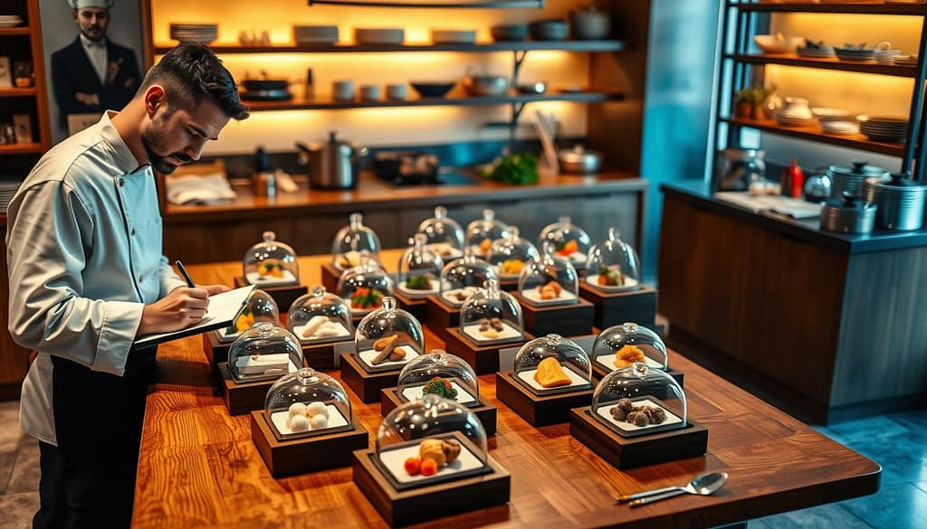 A professional setting where a chef is structured around a table filled with elaborately arranged service packages. In the foreground, the chef, dressed in a crisp white uniform and a black apron, is intently writing notes on a notepad. The middle of the scene features an elegant wooden table displaying various beautifully designed packages, each showcasing different culinary offerings in glass domes. The background includes a well-equipped kitchen, softly lit with warm ambient lighting, highlighting pots, pans, and fresh ingredients. The overall atmosphere is focused and sophisticated, conveying a sense of professionalism and creativity in culinary services. The image is captured from a slightly elevated angle, emphasizing the table and chef’s meticulous work.
