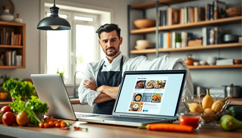 A skilled personal chef stands confidently in a modern, well-lit kitchen, surrounded by fresh ingredients and colorful spices, expertly crafting a personalized newsletter on a sleek laptop. The foreground captures the chef’s focused expression, dressed in professional attire, highlighting the importance of personalization in their work. In the middle of the scene, the open laptop displays an eye-catching email template, with vibrant food images and a warm, inviting color scheme. The background features shelves filled with cookbooks and kitchenware, suggesting an organized and creative environment. Soft, natural lighting pours in from a nearby window, creating an inspiring and motivating atmosphere that encourages innovation in email marketing for chefs. A skilled personal chef stands confidently in a modern, well-lit kitchen, surrounded by fresh ingredients and colorful spices, expertly crafting a personalized newsletter on a sleek laptop. The foreground captures the chef’s focused expression, dressed in professional attire, highlighting the importance of personalization in their work. In the middle of the scene, the open laptop displays an eye-catching email template, with vibrant food images and a warm, inviting color scheme. The background features shelves filled with cookbooks and kitchenware, suggesting an organized and creative environment. Soft, natural lighting pours in from a nearby window, creating an inspiring and motivating atmosphere that encourages innovation in email marketing for chefs.