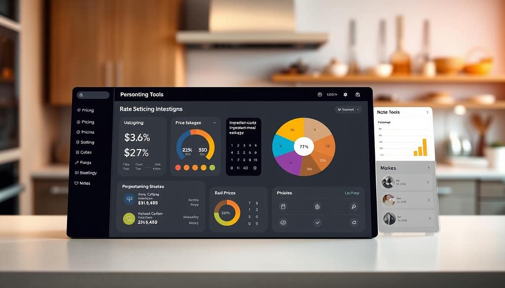 A sleek and modern dashboard display showcasing rate setting tools for personal chefs. In the foreground, there are various interactive widgets and charts displaying pricing calculations, ingredient costs, and meal estimates, all designed in a user-friendly interface. The middle layer features a vibrant pie chart with sections illustrating different pricing strategies, alongside a digital calculator and a notes section with professional culinary icons. In the background, a blurred, stylish kitchen setting suggests a professional atmosphere. Soft, ambient lighting casts a warm glow over the dashboard, enhancing the inviting mood. The angle is slightly elevated, providing a clear view of the dashboard while maintaining focus on the tools. No people are depicted, ensuring a clean and focused representation of the tools for pricing and estimation. A sleek and modern dashboard display showcasing rate setting tools for personal chefs. In the foreground, there are various interactive widgets and charts displaying pricing calculations, ingredient costs, and meal estimates, all designed in a user-friendly interface. The middle layer features a vibrant pie chart with sections illustrating different pricing strategies, alongside a digital calculator and a notes section with professional culinary icons. In the background, a blurred, stylish kitchen setting suggests a professional atmosphere. Soft, ambient lighting casts a warm glow over the dashboard, enhancing the inviting mood. The angle is slightly elevated, providing a clear view of the dashboard while maintaining focus on the tools. No people are depicted, ensuring a clean and focused representation of the tools for pricing and estimation.