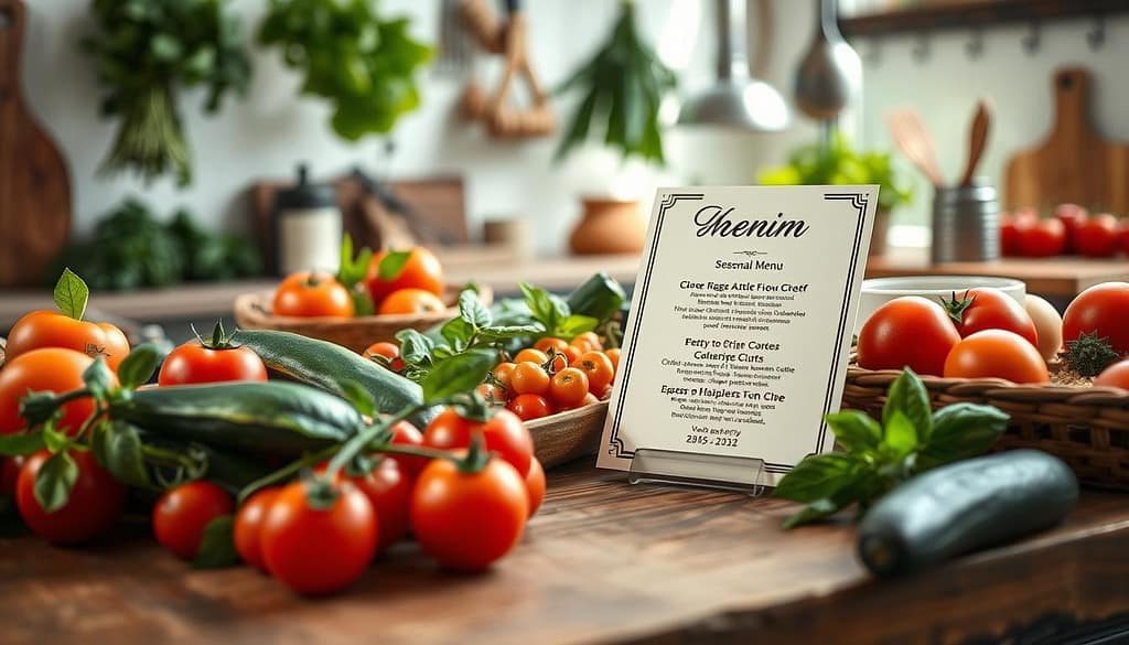 A beautifully arranged seasonal menu display on a rustic wooden table, featuring vibrant vegetables and fresh herbs. The foreground showcases a close-up of colorful ingredients, such as ripe tomatoes, zucchini, and basil, artfully styled with elegant tableware. In the middle, a tasteful seasonal menu card is propped up, elegantly written with seasonal dish descriptions. The background includes soft, blurred kitchen elements, such as hanging herbs, a cutting board, and kitchen utensils, giving a warm, inviting atmosphere. The lighting is natural and soft, streaming in from a nearby window, casting gentle shadows and creating a cozy mood. The overall composition exudes a sense of creativity and professionalism, perfect for chefs dedicated to seasonal adaptation in their menus. A beautifully arranged seasonal menu display on a rustic wooden table, featuring vibrant vegetables and fresh herbs. The foreground showcases a close-up of colorful ingredients, such as ripe tomatoes, zucchini, and basil, artfully styled with elegant tableware. In the middle, a tasteful seasonal menu card is propped up, elegantly written with seasonal dish descriptions. The background includes soft, blurred kitchen elements, such as hanging herbs, a cutting board, and kitchen utensils, giving a warm, inviting atmosphere. The lighting is natural and soft, streaming in from a nearby window, casting gentle shadows and creating a cozy mood. The overall composition exudes a sense of creativity and professionalism, perfect for chefs dedicated to seasonal adaptation in their menus.