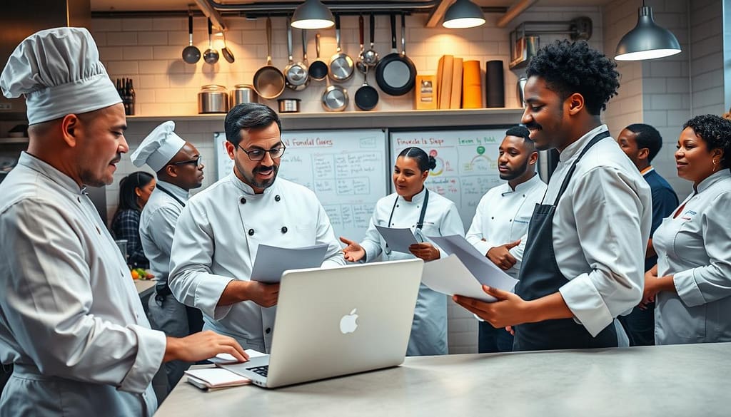A busy, well-lit café kitchen scene featuring a diverse group of chefs engaged in a peer learning session. In the foreground, two chefs, one wearing a professional chef's coat and another in modest casual attire, are exchanging financial tips while reviewing a laptop and some notes on a counter. In the middle ground, other chefs of varying backgrounds, both men and women, are participating in discussions and sharing materials related to budgeting and investment strategies. The background showcases a bustling kitchen with pots and pans hanging, fresh ingredients on shelves, and a large whiteboard filled with financial goals and diagrams. The atmosphere is collaborative and energetic, with warm lighting to create an inviting environment for sharing knowledge. The camera angle captures a dynamic interaction, emphasizing the importance of shared wisdom in the culinary profession. A busy, well-lit café kitchen scene featuring a diverse group of chefs engaged in a peer learning session. In the foreground, two chefs, one wearing a professional chef's coat and another in modest casual attire, are exchanging financial tips while reviewing a laptop and some notes on a counter. In the middle ground, other chefs of varying backgrounds, both men and women, are participating in discussions and sharing materials related to budgeting and investment strategies. The background showcases a bustling kitchen with pots and pans hanging, fresh ingredients on shelves, and a large whiteboard filled with financial goals and diagrams. The atmosphere is collaborative and energetic, with warm lighting to create an inviting environment for sharing knowledge. The camera angle captures a dynamic interaction, emphasizing the importance of shared wisdom in the culinary profession.