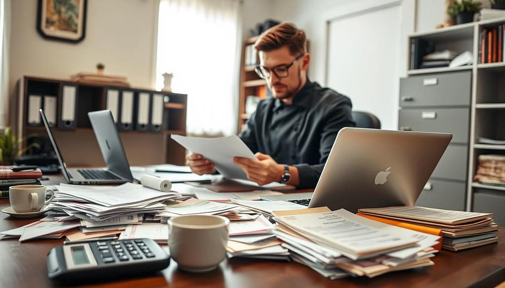 A cozy home office scene featuring a professional personal chef organizing business expenses. In the foreground, a neatly arranged desk cluttered with colorful receipts, invoices, and a calculator, alongside a steaming cup of coffee. In the middle, a focused individual in smart casual attire, surrounded by a laptop and a filing cabinet, carefully sorting through documents with a pen in hand. The background shows a well-lit room with a bookshelf filled with culinary books, adding a personal touch. Soft, natural light streams in from a nearby window, illuminating the space and creating a warm, inviting atmosphere. The overall mood conveys productivity and organization, ideal for managing business finances.