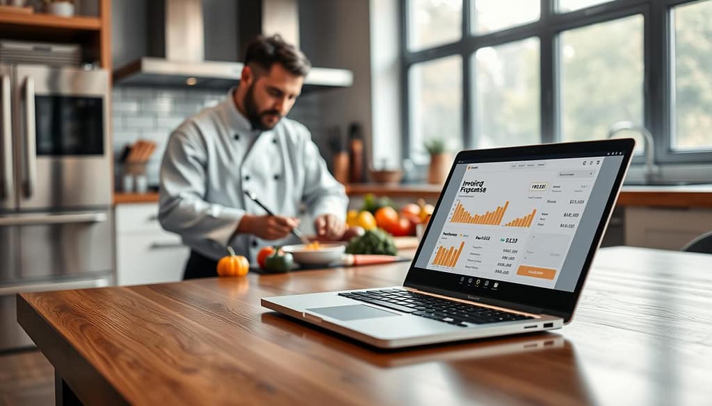 A modern kitchen workspace featuring a polished wooden table with a sleek laptop open to an invoicing app interface, displaying charts and expense data. In the foreground, a professional chef, dressed in a crisp white chef coat and black pants, is intently analyzing financial figures on the screen. In the middle ground, colorful cooking ingredients and kitchen tools are artfully arranged, symbolizing a blend of culinary art and financial management. The background showcases a bright, airy kitchen with stainless steel appliances and soft natural light coming through large windows, creating an inviting and productive atmosphere. The mood is focused and industrious, ideal for illustrating the intersection of culinary arts and financial technology.