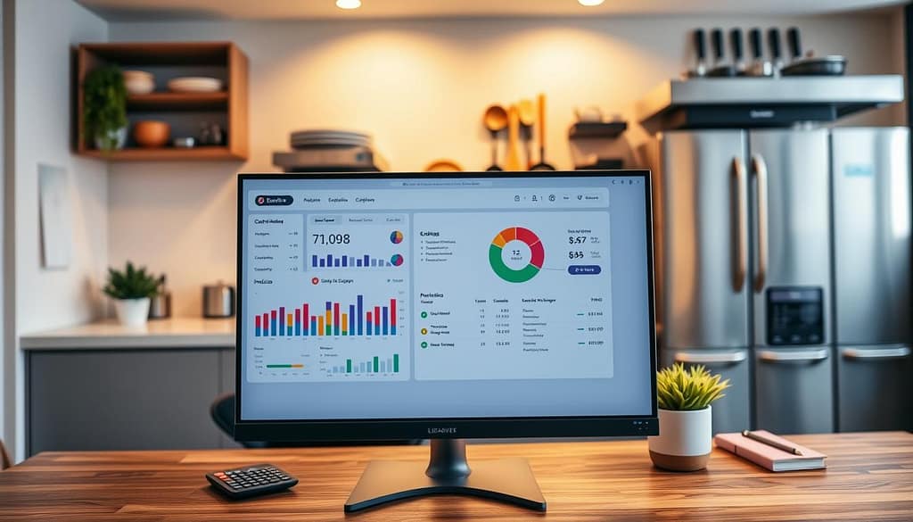 A modern, sleek chef business software automation dashboard displayed on a high-resolution monitor. The foreground features a user-friendly interface showcasing colorful graphs and pie charts representing financial analytics, alongside task automation features like invoices and expenses. The middle layer reveals a well-organized workspace with a stylish desk, a potted plant, and professional tools scattered like a calculator and a notepad. In the background, a softly lit kitchen environment exudes a warm atmosphere, with stainless steel appliances and culinary tools neatly arranged. The scene is captured at a slight angle, with soft, diffused lighting illuminating the screen, creating an inviting and efficient workspace vibe. The mood is productive and innovative, highlighting technology's role in simplifying financial management for culinary professionals. A modern, sleek chef business software automation dashboard displayed on a high-resolution monitor. The foreground features a user-friendly interface showcasing colorful graphs and pie charts representing financial analytics, alongside task automation features like invoices and expenses. The middle layer reveals a well-organized workspace with a stylish desk, a potted plant, and professional tools scattered like a calculator and a notepad. In the background, a softly lit kitchen environment exudes a warm atmosphere, with stainless steel appliances and culinary tools neatly arranged. The scene is captured at a slight angle, with soft, diffused lighting illuminating the screen, creating an inviting and efficient workspace vibe. The mood is productive and innovative, highlighting technology's role in simplifying financial management for culinary professionals.