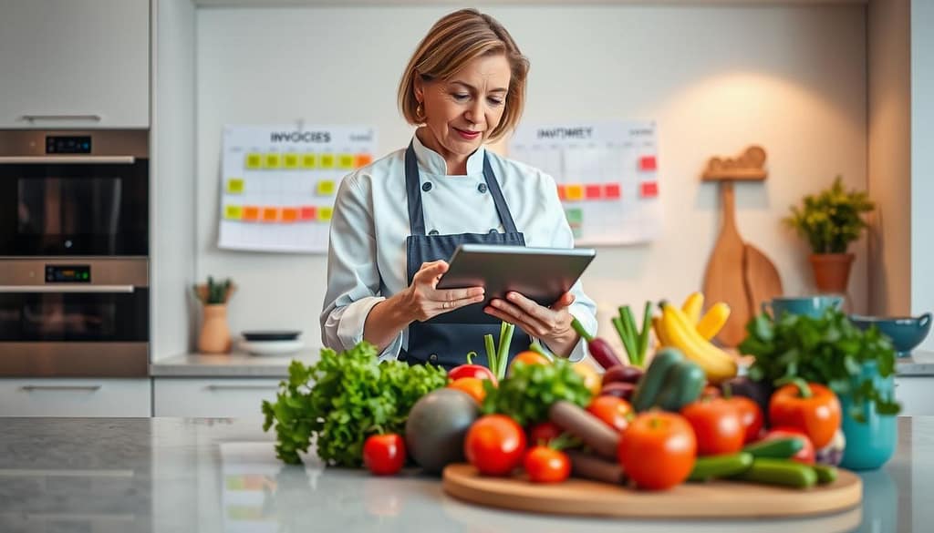 A modern, stylish kitchen setting showcasing a personal chef, a middle-aged woman in professional attire, focused on organizing invoices and payment strategies on her tablet. In the foreground, a polished counter holds a colorful array of fresh ingredients and culinary tools, symbolizing her vibrant, creative work. In the middle ground, a wall-mounted calendar highlights payment deadlines marked in bright colors to convey urgency and organization. The background features an inviting kitchen with warm lighting, emphasizing an atmosphere of professionalism and efficiency. The image is captured with a slight depth of field to draw attention to the chef while softly blurring the background, creating a sense of focus and clarity around the theme of timely cash flow management. A modern, stylish kitchen setting showcasing a personal chef, a middle-aged woman in professional attire, focused on organizing invoices and payment strategies on her tablet. In the foreground, a polished counter holds a colorful array of fresh ingredients and culinary tools, symbolizing her vibrant, creative work. In the middle ground, a wall-mounted calendar highlights payment deadlines marked in bright colors to convey urgency and organization. The background features an inviting kitchen with warm lighting, emphasizing an atmosphere of professionalism and efficiency. The image is captured with a slight depth of field to draw attention to the chef while softly blurring the background, creating a sense of focus and clarity around the theme of timely cash flow management.