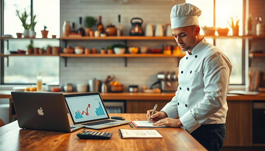 A professional chef in a modern kitchen, focused on setting financial goals for their business. In the foreground, the chef, dressed in a crisp white chef's coat and black pants, stands confidently at a sleek wooden table, surrounded by notebooks, a laptop displaying financial graphs, and a calculator. In the middle ground, shelves filled with culinary ingredients and cooking tools create a bustling kitchen atmosphere. The background features large windows letting in warm natural light, highlighting the chef’s determined expression as they jot down short-term and long-term goals. The overall mood is motivational and focused, emphasizing ambition and professionalism in a vibrant, inviting culinary environment. Use a soft focus lens to capture a warm ambiance.