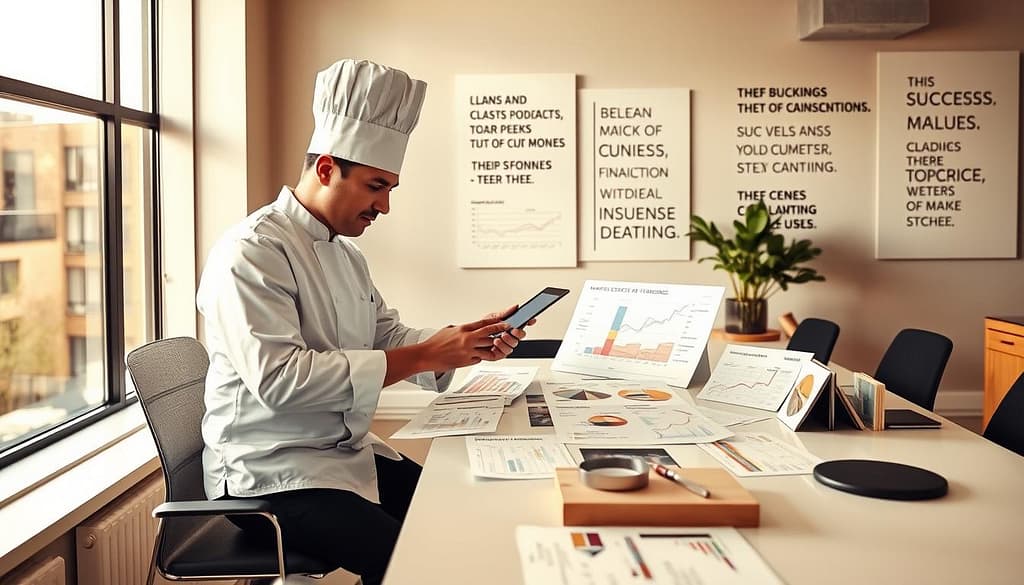 A professional chef in a modern office setting, working at a sleek desk covered with charts and graphs representing financial metrics and business planning. The chef, in a crisp white chef's jacket and black pants, is thoughtfully analyzing a digital tablet, surrounded by brainstorming notes and culinary inspiration images. In the background, large windows let in warm, natural light, casting a pleasant glow on the scene. Wall decor features inspirational quotes related to success in the culinary industry. The atmosphere is one of focus and ambition, capturing the essence of chef success stories and their journey towards achieving financial goals. Use a wide-angle lens to enhance the sense of space and depth in the image. A professional chef in a modern office setting, working at a sleek desk covered with charts and graphs representing financial metrics and business planning. The chef, in a crisp white chef's jacket and black pants, is thoughtfully analyzing a digital tablet, surrounded by brainstorming notes and culinary inspiration images. In the background, large windows let in warm, natural light, casting a pleasant glow on the scene. Wall decor features inspirational quotes related to success in the culinary industry. The atmosphere is one of focus and ambition, capturing the essence of chef success stories and their journey towards achieving financial goals. Use a wide-angle lens to enhance the sense of space and depth in the image.