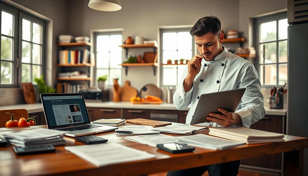 A professional kitchen setting filled with essential tax resources for personal chefs. In the foreground, a neatly organized wooden table displays various tax documents, calculators, and a laptop opened to a tax software website. A stylish chef, dressed in a crisp white chef coat and black pants, thoughtfully reviews the documents, showcasing a serious yet confident expression. In the middle, shelves lined with cookbooks and culinary tools hint at the chef's trade. The background features bright, natural lighting pouring through large windows, creating a warm, inviting atmosphere. Soft-focus on vibrant food ingredients adds depth and warmth to the image, emphasizing the duality of culinary art and financial responsibility. A wide-angle lens captures the entire scene while maintaining a professional ambiance suitable for an informative article. A professional kitchen setting filled with essential tax resources for personal chefs. In the foreground, a neatly organized wooden table displays various tax documents, calculators, and a laptop opened to a tax software website. A stylish chef, dressed in a crisp white chef coat and black pants, thoughtfully reviews the documents, showcasing a serious yet confident expression. In the middle, shelves lined with cookbooks and culinary tools hint at the chef's trade. The background features bright, natural lighting pouring through large windows, creating a warm, inviting atmosphere. Soft-focus on vibrant food ingredients adds depth and warmth to the image, emphasizing the duality of culinary art and financial responsibility. A wide-angle lens captures the entire scene while maintaining a professional ambiance suitable for an informative article.