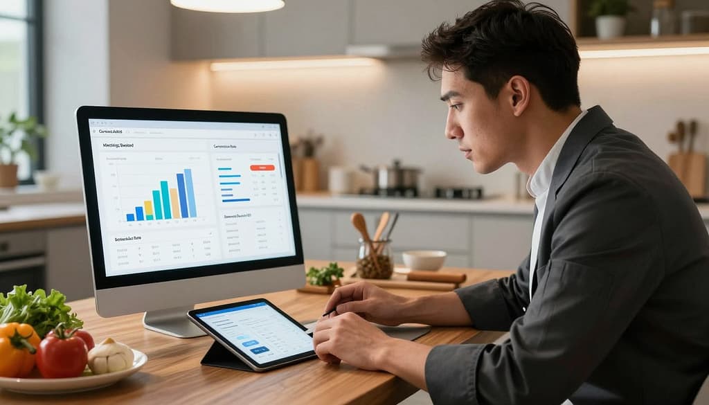 A sleek, modern workspace featuring a professional private chef in business attire, intently analyzing a digital dashboard displaying lead tracking metrics. In the foreground, a high-resolution tablet shows graphs and charts labeled with "Contacts Added," "Meetings Booked," "Conversion Rate," and "Referral Source ROI." The middle ground includes a stylish wooden table with fresh ingredients and culinary tools, symbolizing the chef's business focus. The background showcases a bright, contemporary kitchen, with ambient lighting that casts a warm glow, adding an air of sophistication and professionalism. Capture a dynamic angle emphasizing both the chef's concentration and the digital metrics, creating an atmosphere of ambition and efficiency in the culinary business world. A sleek, modern workspace featuring a professional private chef in business attire, intently analyzing a digital dashboard displaying lead tracking metrics. In the foreground, a high-resolution tablet shows graphs and charts labeled with "Contacts Added," "Meetings Booked," "Conversion Rate," and "Referral Source ROI." The middle ground includes a stylish wooden table with fresh ingredients and culinary tools, symbolizing the chef's business focus. The background showcases a bright, contemporary kitchen, with ambient lighting that casts a warm glow, adding an air of sophistication and professionalism. Capture a dynamic angle emphasizing both the chef's concentration and the digital metrics, creating an atmosphere of ambition and efficiency in the culinary business world.