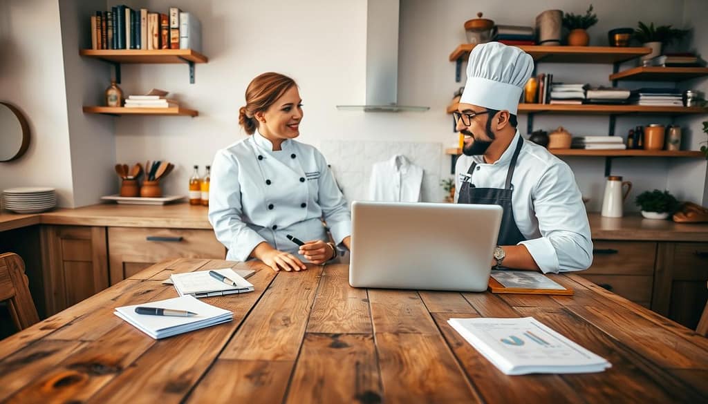 A warm and inviting kitchen environment where two chefs, a woman and a man, are engaged in a friendly discussion. The foreground features a rustic wooden table with notepads and pens scattered, symbolizing the sharing of financial tips. In the middle ground, the chefs are dressed in professional kitchen attire, discussing rates and payment options, with a laptop open displaying financial graphs. In the background, shelves are stocked with cookbooks and ingredients, enhancing the culinary theme. The lighting is soft and warm, creating an intimate atmosphere that encourages collaboration. The camera angle is slightly overhead, capturing the interaction and surrounding details without any distractions, maintaining focus on the sharing of wisdom in a supportive community. A warm and inviting kitchen environment where two chefs, a woman and a man, are engaged in a friendly discussion. The foreground features a rustic wooden table with notepads and pens scattered, symbolizing the sharing of financial tips. In the middle ground, the chefs are dressed in professional kitchen attire, discussing rates and payment options, with a laptop open displaying financial graphs. In the background, shelves are stocked with cookbooks and ingredients, enhancing the culinary theme. The lighting is soft and warm, creating an intimate atmosphere that encourages collaboration. The camera angle is slightly overhead, capturing the interaction and surrounding details without any distractions, maintaining focus on the sharing of wisdom in a supportive community.