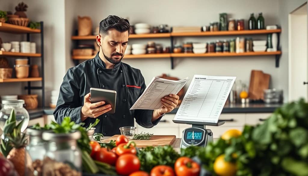 A well-organized kitchen workspace featuring a dedicated personal chef examining a detailed inventory list on a digital tablet. The foreground showcases neatly arranged ingredients, including fresh produce, herbs, and labeled containers, emphasizing effective food cost control. In the middle, a wooden prep table laden with measuring scales and price tags balances the culinary elements with an organized financial aspect. The background reveals shelves stocked with various ingredients, with a warm, inviting light creating a professional atmosphere. Use a shallow depth of field to focus on the chef's thoughtful expression, dressed in a sharp, professional chef’s jacket, while soft natural lighting enhances the inviting ambience of the kitchen. Overall, the mood conveys careful planning and control over food expenses. A well-organized kitchen workspace featuring a dedicated personal chef examining a detailed inventory list on a digital tablet. The foreground showcases neatly arranged ingredients, including fresh produce, herbs, and labeled containers, emphasizing effective food cost control. In the middle, a wooden prep table laden with measuring scales and price tags balances the culinary elements with an organized financial aspect. The background reveals shelves stocked with various ingredients, with a warm, inviting light creating a professional atmosphere. Use a shallow depth of field to focus on the chef's thoughtful expression, dressed in a sharp, professional chef’s jacket, while soft natural lighting enhances the inviting ambience of the kitchen. Overall, the mood conveys careful planning and control over food expenses.