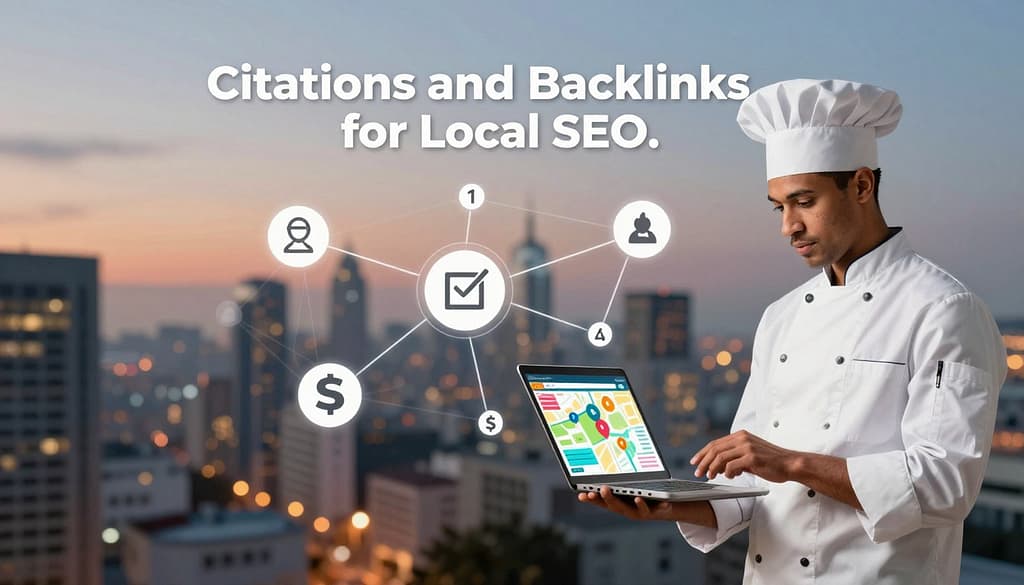 A dynamic digital illustration representing "Citations and Backlinks for Local SEO." In the foreground, a professional-looking private chef in a crisp white coat stands, analyzing a colorful laptop display filled with graphs and map markers. The middle layer features iconic symbols of citations like directory listings and backlinks depicted as interconnected lines and nodes, symbolizing networking. The background showcases a serene cityscape, blurred slightly to emphasize the key elements, illuminated by warm ambient lighting to evoke a professional and inviting atmosphere. The scene is framed with a slight depth of field effect, making the chef and digital elements pop, while maintaining focus on the importance of local SEO connections. A dynamic digital illustration representing "Citations and Backlinks for Local SEO." In the foreground, a professional-looking private chef in a crisp white coat stands, analyzing a colorful laptop display filled with graphs and map markers. The middle layer features iconic symbols of citations like directory listings and backlinks depicted as interconnected lines and nodes, symbolizing networking. The background showcases a serene cityscape, blurred slightly to emphasize the key elements, illuminated by warm ambient lighting to evoke a professional and inviting atmosphere. The scene is framed with a slight depth of field effect, making the chef and digital elements pop, while maintaining focus on the importance of local SEO connections.