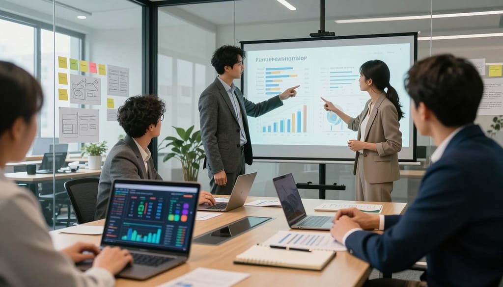 A dynamic office workspace, featuring a modern conference table with diverse professionals collaborating over charts and graphs illustrating KPIs related to partnership measurements. In the foreground, a laptop displays colorful data visuals, while a well-organized notepad and pen rest beside it. The middle ground shows two individuals—one a planner in a tailored suit, the other a realtor in smart casual attire—pointing at a projection screen filled with key performance indicators and strategic metrics. The background contains a glass wall adorned with sticky notes and brainstorming diagrams, conveying a sense of creativity and teamwork. Soft, natural light filters through large windows, creating an inviting and focused atmosphere, emphasizing the importance of measurement in successful partnerships. A dynamic office workspace, featuring a modern conference table with diverse professionals collaborating over charts and graphs illustrating KPIs related to partnership measurements. In the foreground, a laptop displays colorful data visuals, while a well-organized notepad and pen rest beside it. The middle ground shows two individuals—one a planner in a tailored suit, the other a realtor in smart casual attire—pointing at a projection screen filled with key performance indicators and strategic metrics. The background contains a glass wall adorned with sticky notes and brainstorming diagrams, conveying a sense of creativity and teamwork. Soft, natural light filters through large windows, creating an inviting and focused atmosphere, emphasizing the importance of measurement in successful partnerships.