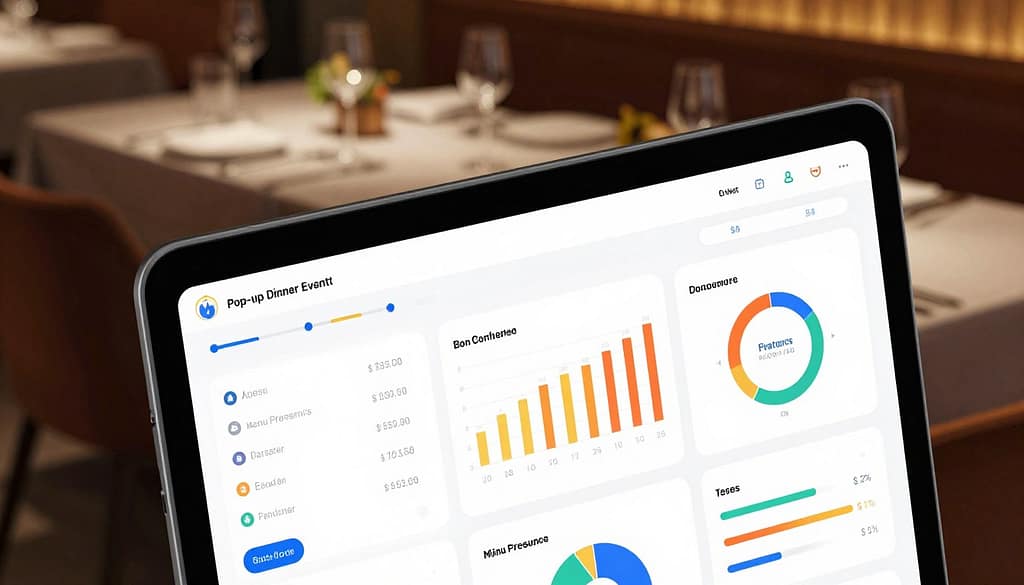 A sleek, modern analytics dashboard showcasing metrics for pop-up dinner events. In the foreground, a variety of colorful charts and graphs display data on guest attendance, menu preferences, and feedback ratings, all in sharp detail. The middle layer features a stylized, user-friendly interface with interactive elements, such as sliders and buttons. In the background, a blurred image of an elegant dining setting with soft, ambient lighting creates a warm atmosphere, suggesting an upscale culinary experience. The dashboard is designed from an isometric perspective, with a focus on clarity and professionalism. The color palette is vibrant yet balanced, evoking a sense of innovation and success in the private chef industry. Soft shadows and highlights enhance depth, contributing to a polished look. A sleek, modern analytics dashboard showcasing metrics for pop-up dinner events. In the foreground, a variety of colorful charts and graphs display data on guest attendance, menu preferences, and feedback ratings, all in sharp detail. The middle layer features a stylized, user-friendly interface with interactive elements, such as sliders and buttons. In the background, a blurred image of an elegant dining setting with soft, ambient lighting creates a warm atmosphere, suggesting an upscale culinary experience. The dashboard is designed from an isometric perspective, with a focus on clarity and professionalism. The color palette is vibrant yet balanced, evoking a sense of innovation and success in the private chef industry. Soft shadows and highlights enhance depth, contributing to a polished look.