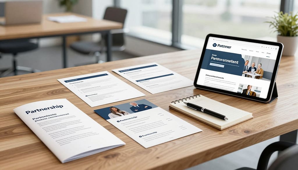 A well-organized business outreach kit displayed on a sleek wooden desk, featuring a variety of components for business partnerships. In the foreground, an elegant one-sheet brochure showcasing partnership benefits, next to a neatly arranged menu sampler with professional graphics. A digital tablet displays a partner landing page, highlighting key features of the partnership program. In the middle ground, concise email and DM scripts are spread out, with a stylish pen and notepad for brainstorming ideas. The background shows a softly lit modern office environment with a large window letting in natural light, creating a warm and inviting atmosphere. The scene is captured with a soft focus lens, emphasizing the clarity of the kit components, exuding professionalism and collaboration. A well-organized business outreach kit displayed on a sleek wooden desk, featuring a variety of components for business partnerships. In the foreground, an elegant one-sheet brochure showcasing partnership benefits, next to a neatly arranged menu sampler with professional graphics. A digital tablet displays a partner landing page, highlighting key features of the partnership program. In the middle ground, concise email and DM scripts are spread out, with a stylish pen and notepad for brainstorming ideas. The background shows a softly lit modern office environment with a large window letting in natural light, creating a warm and inviting atmosphere. The scene is captured with a soft focus lens, emphasizing the clarity of the kit components, exuding professionalism and collaboration.