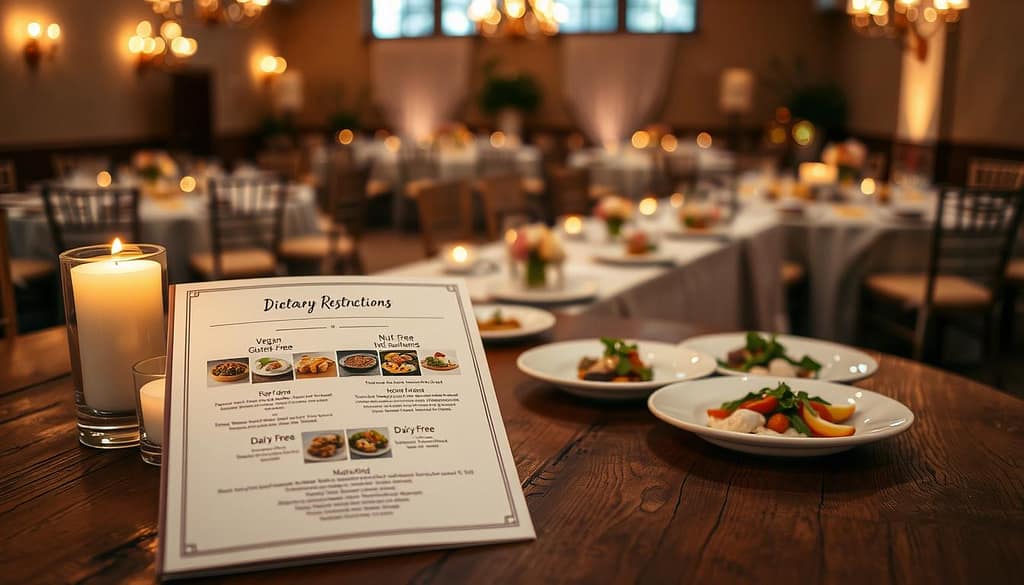 A beautifully designed dietary restrictions menu displayed on a rustic wooden table in an elegant event setting. In the foreground, an open menu featuring sections for vegan, gluten-free, nut-free, and dairy-free options, illustrated with appetizing food images. Soft candlelight creates a warm ambiance, illuminating the menu's artistic layout. In the middle ground, a neatly arranged table with tastefully presented dishes corresponding to the menu options, garnished with fresh herbs and vibrant vegetables. The background reveals a softly blurred banquet hall, adorned with delicate floral arrangements and ambient lighting. The atmosphere is inviting and inclusive, conveying care and attention to guests’ dietary needs, with a focus on creativity and elegance in presentation. The scene captures a professional, upscale event feel, perfect for a memorable dining experience.