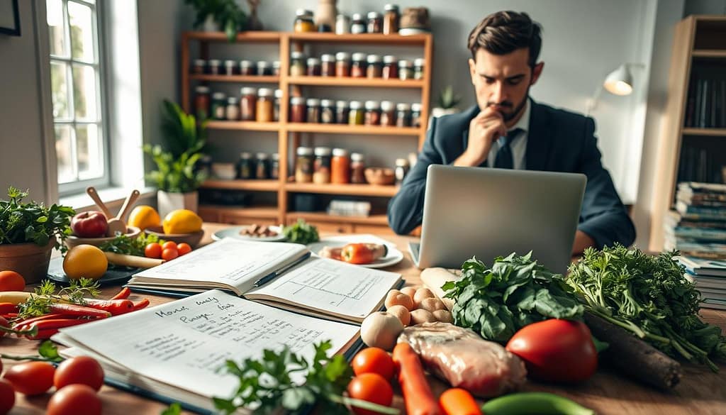 A detailed workspace scene showcasing "menu planning cost management" for private events. In the foreground, a neatly organized table filled with colorful fresh ingredients like herbs, vegetables, and proteins, alongside an open notebook filled with handwritten notes and cost calculations. In the middle ground, a focused professional dressed in smart casual attire is examining a laptop displaying a menu planning software, deep in thought. The background features shelves with organized jars of spices and cookbooks, creating a warm, inviting atmosphere. Soft natural light streams in from a window, casting gentle shadows, emphasizing the serious yet creative mood of the scene. The angle should capture the bustling table and engaged professional, highlighting the essence of planning and sourcing ingredients effectively. A detailed workspace scene showcasing "menu planning cost management" for private events. In the foreground, a neatly organized table filled with colorful fresh ingredients like herbs, vegetables, and proteins, alongside an open notebook filled with handwritten notes and cost calculations. In the middle ground, a focused professional dressed in smart casual attire is examining a laptop displaying a menu planning software, deep in thought. The background features shelves with organized jars of spices and cookbooks, creating a warm, inviting atmosphere. Soft natural light streams in from a window, casting gentle shadows, emphasizing the serious yet creative mood of the scene. The angle should capture the bustling table and engaged professional, highlighting the essence of planning and sourcing ingredients effectively.