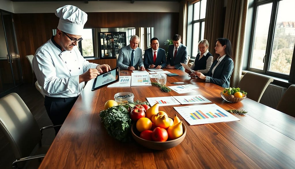A professional business setting featuring a large wooden conference table, with a mix of seasonal fruits and culinary ingredients artfully arranged, symbolizing the seasonal pricing adjustments in a personal chef service. In the foreground, a well-dressed chef in a crisp white chef coat and dark pants is analyzing charts showing profit margins and pricing strategies on a sleek tablet. In the middle, a diverse group of professionals, dressed in smart business attire, engaged in discussion over a notepad filled with colorful graphs and notes, illustrating collaboration and strategic planning. The background features large windows allowing natural light to flood the room, casting a warm, inviting glow. The overall atmosphere exudes focus and professionalism, highlighting the importance of seasonal adaptability in pricing. A professional business setting featuring a large wooden conference table, with a mix of seasonal fruits and culinary ingredients artfully arranged, symbolizing the seasonal pricing adjustments in a personal chef service. In the foreground, a well-dressed chef in a crisp white chef coat and dark pants is analyzing charts showing profit margins and pricing strategies on a sleek tablet. In the middle, a diverse group of professionals, dressed in smart business attire, engaged in discussion over a notepad filled with colorful graphs and notes, illustrating collaboration and strategic planning. The background features large windows allowing natural light to flood the room, casting a warm, inviting glow. The overall atmosphere exudes focus and professionalism, highlighting the importance of seasonal adaptability in pricing.