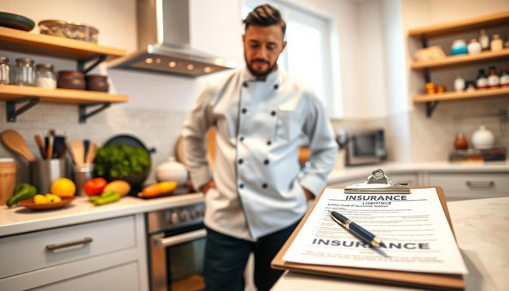A professional chef standing confidently in a bright, well-organized kitchen, wearing a crisp white chef's coat and black trousers. In the foreground, a clipboard with various insurance documents and a pen, symbolizing liability considerations. In the middle, the chef assessing the kitchen environment, which features a stove, vibrant ingredients, and utensils that reflect a clean and safe workspace. The background shows shelves filled with cooking supplies and spices, emphasizing professionalism. The lighting is warm and inviting, creating a sense of focus and determination. The angle is slightly elevated, capturing the chef's thoughtful expression as they contemplate professionalism and liability in their personal chef business. The overall mood is optimistic and inspiring, highlighting the importance of responsible culinary practice. A professional chef standing confidently in a bright, well-organized kitchen, wearing a crisp white chef's coat and black trousers. In the foreground, a clipboard with various insurance documents and a pen, symbolizing liability considerations. In the middle, the chef assessing the kitchen environment, which features a stove, vibrant ingredients, and utensils that reflect a clean and safe workspace. The background shows shelves filled with cooking supplies and spices, emphasizing professionalism. The lighting is warm and inviting, creating a sense of focus and determination. The angle is slightly elevated, capturing the chef's thoughtful expression as they contemplate professionalism and liability in their personal chef business. The overall mood is optimistic and inspiring, highlighting the importance of responsible culinary practice.